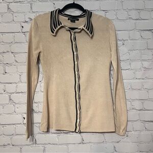Guess Collection 100% Silk Ribbed Knit Long Sleeve Polo Button Down Top Small